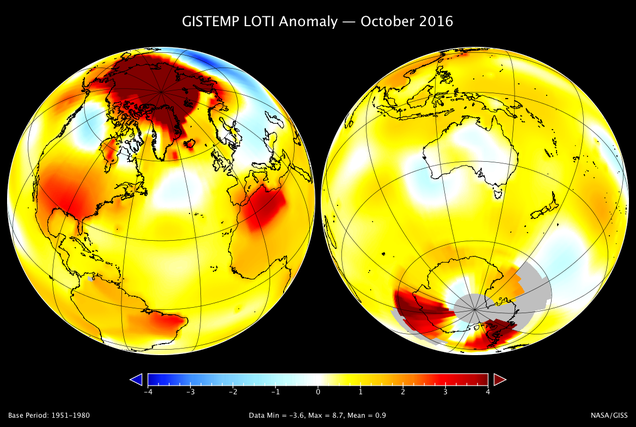 Temperature anomalies in October 2016. Image: NASA